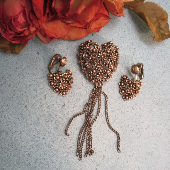 TORTOLANI Heart Brooch Earrings Set~Vintage STERLING Plate Floral Heart Jewelry - Picture 7 of 13
